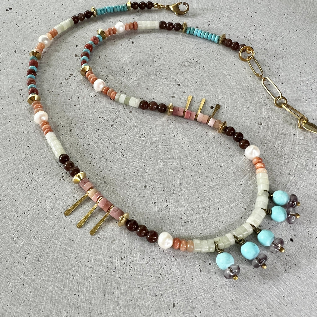 Gemischte Edelstein Perlen Boho Kette - Halskette - Gudbling