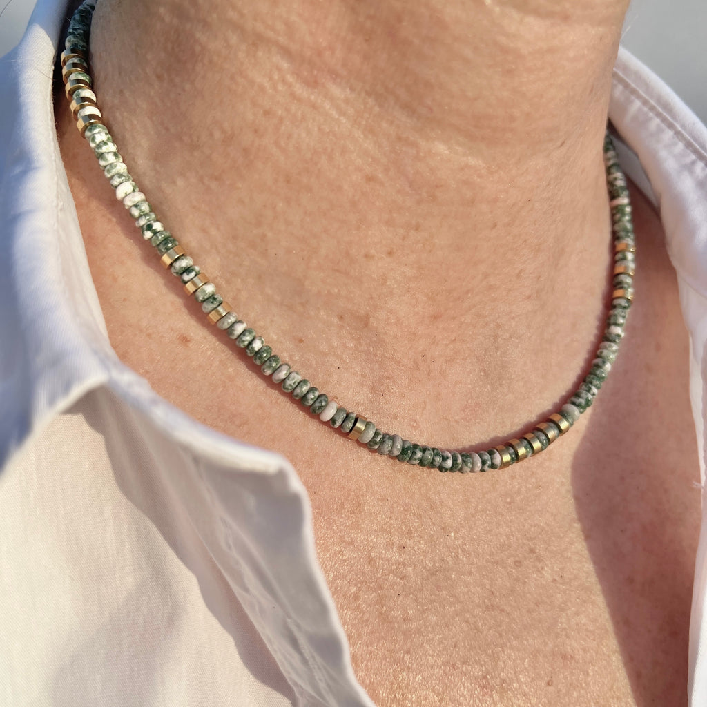 Short Necklace with Green Spotted Jasper