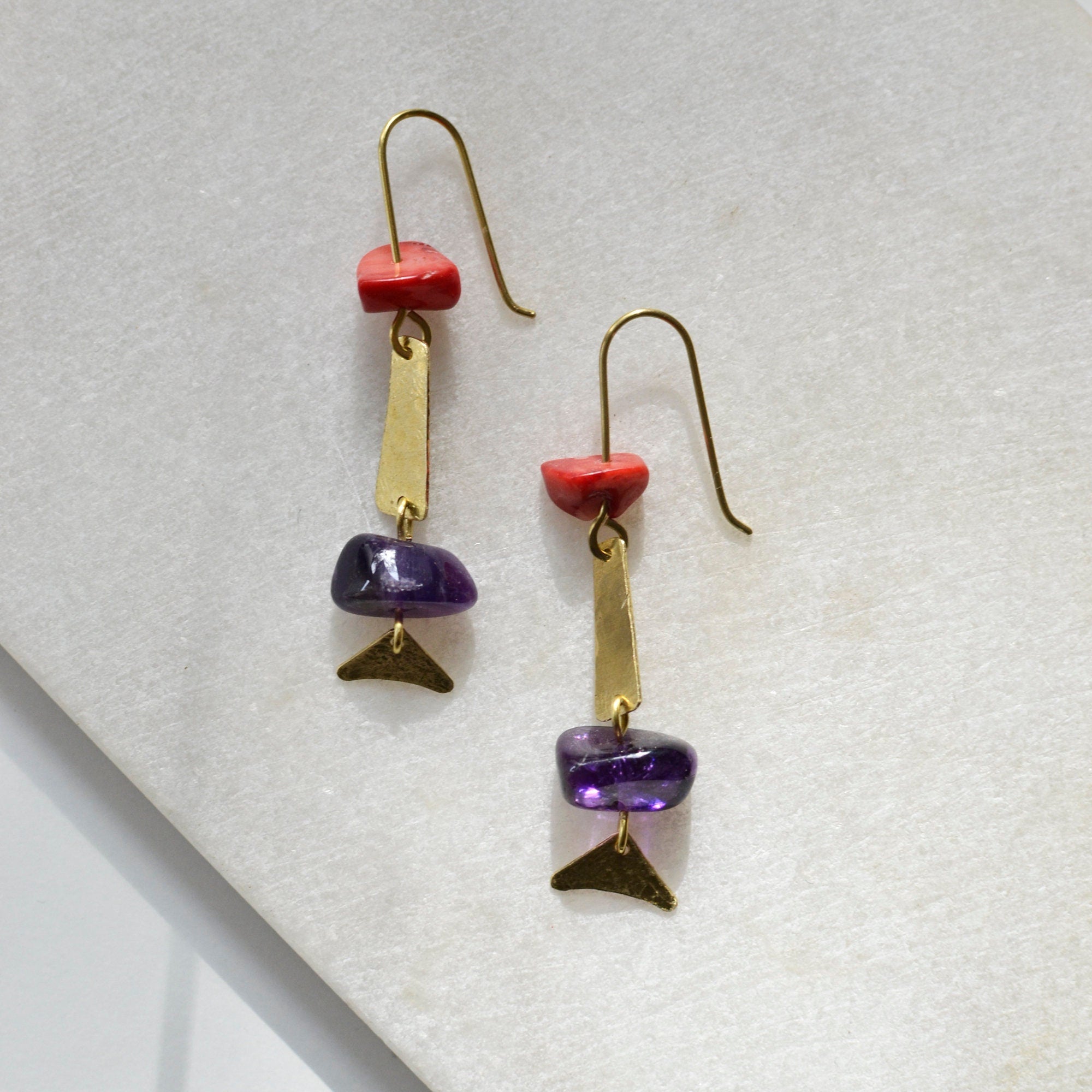 Vintage Koralle und Amethyst Hängeohrringe - Ohrring - Gudbling