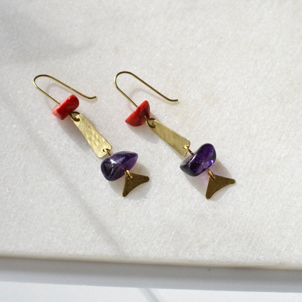 Vintage Koralle und Amethyst Hängeohrringe - Ohrring - Gudbling