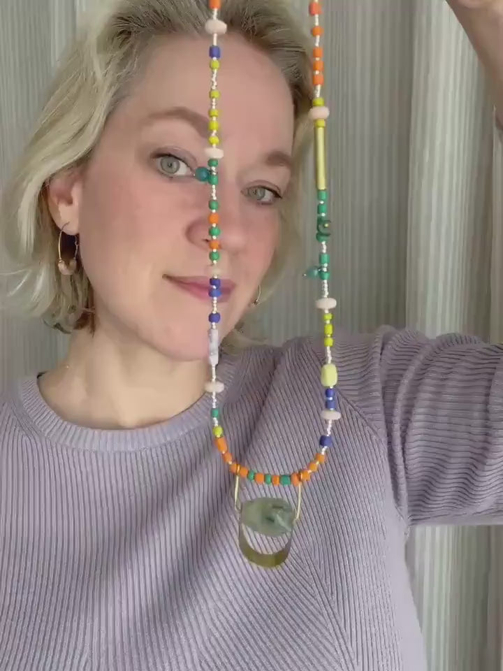 Long Colorful Gemstone and Glass Bead Necklace